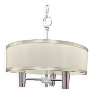 Pendant chandelier saucer Vintage design 3 lights round white silver plastic.