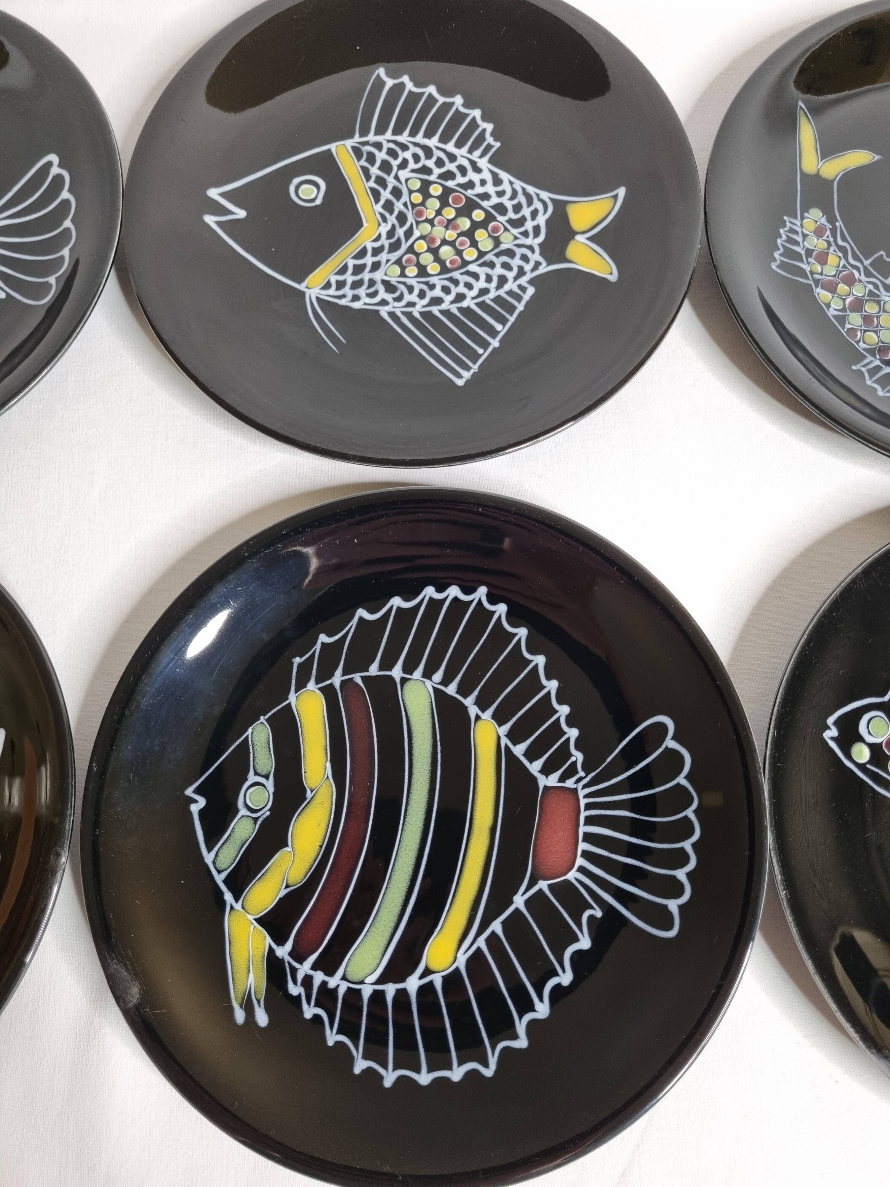 Set of 6 vintage plates with fish decoration after Robert Picault, 1960, 24 cm