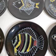 Set of 6 vintage plates with fish decoration after Robert Picault, 1960, 24 cm