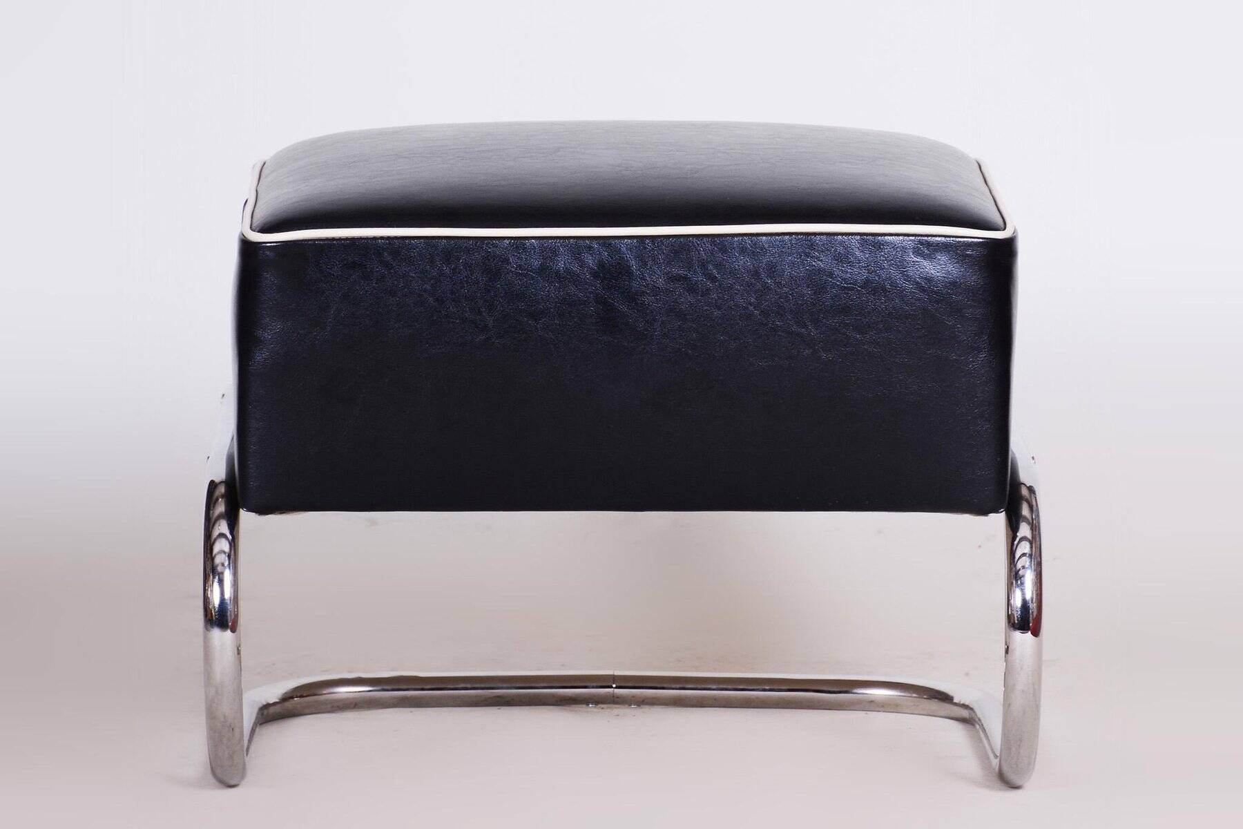 Black Leather Footstool from Slezák, Czechia, 1930s