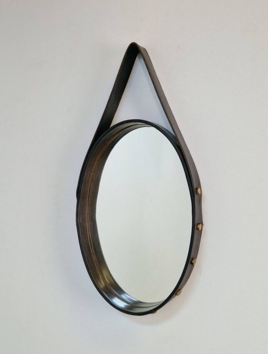 Florentine Oval Leather Mirror in Brass by Jacques Adnet, 1960s