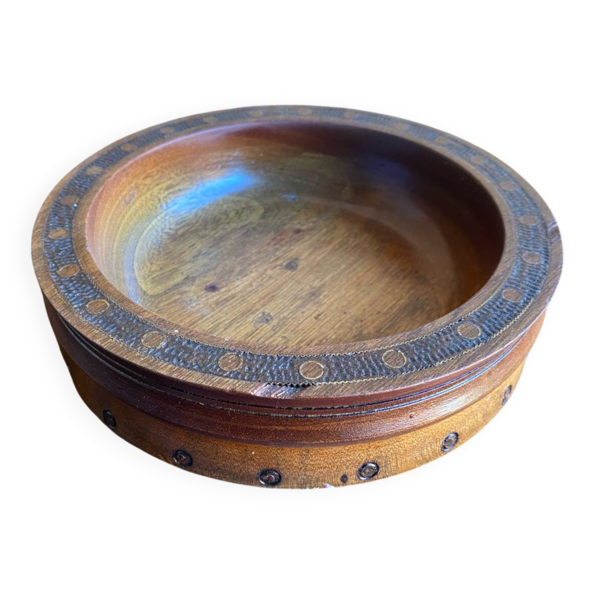 Vintage Carved Wood Pocket Box with Brass Inlays #D883