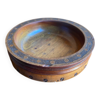 Vintage Carved Wood Pocket Box with Brass Inlays #D883