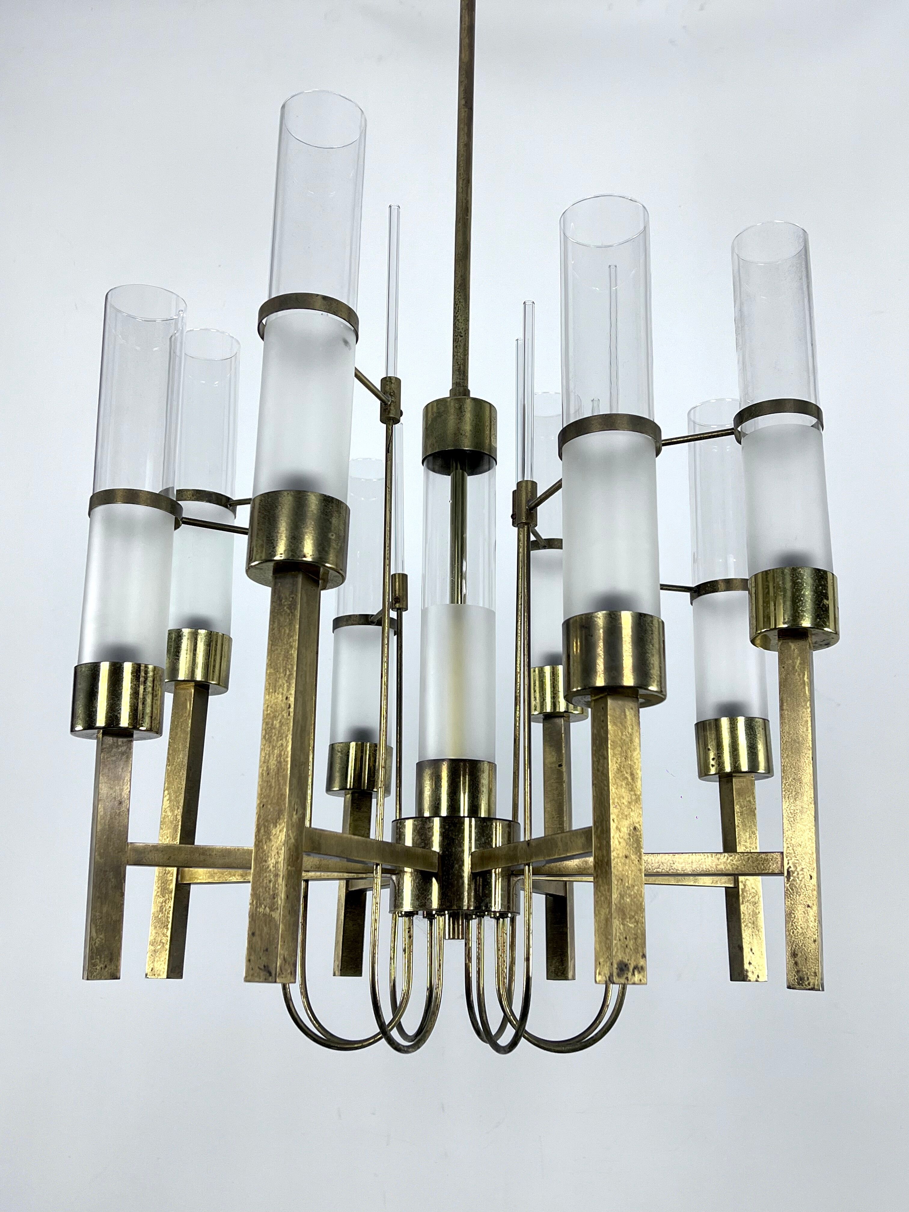 Sciolari, eight arms brass and glass tube chandelier. Italy 1960s