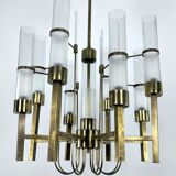 Sciolari, eight arms brass and glass tube chandelier. Italy 1960s