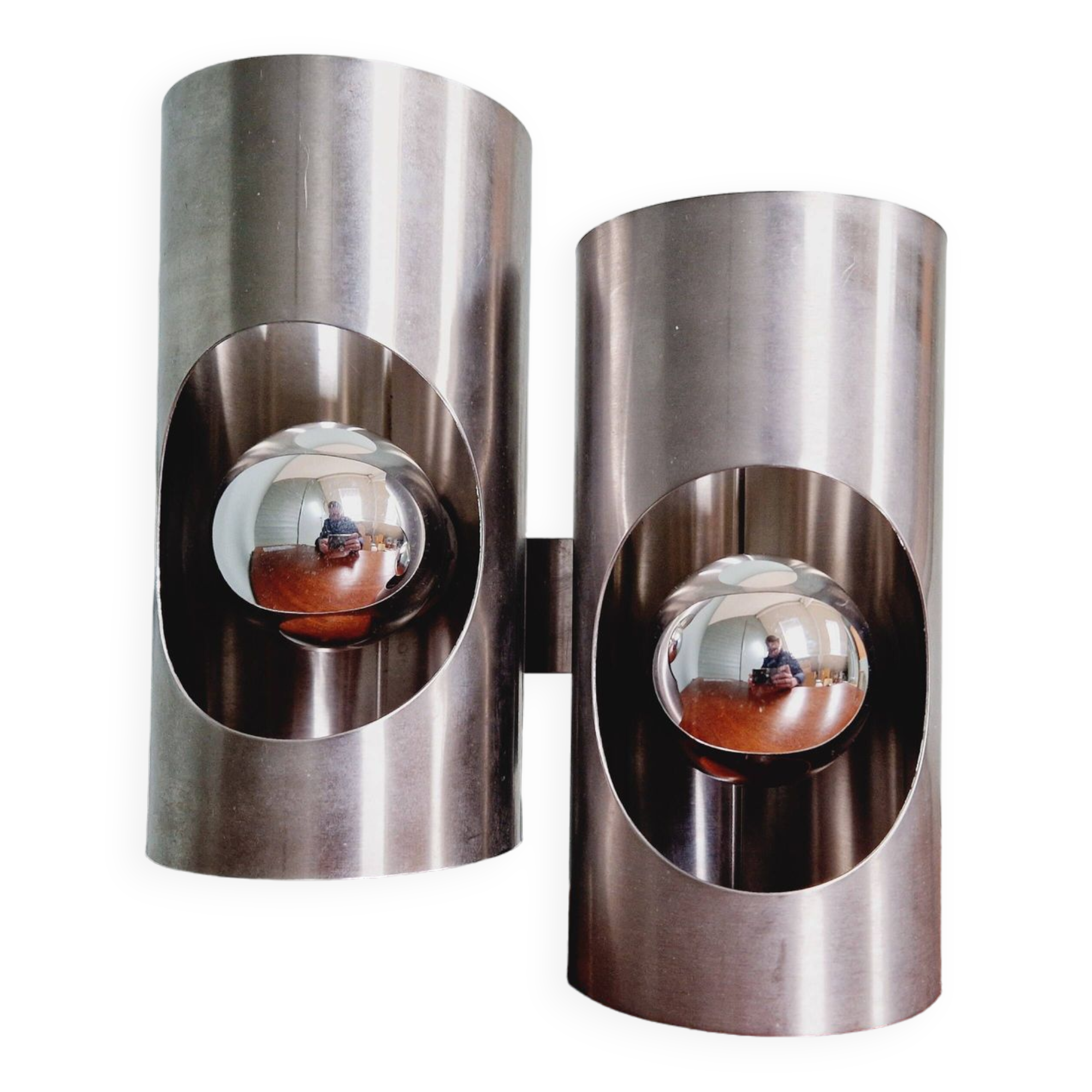 Space Age double wall lamp, in brushed aluminum, 1970s