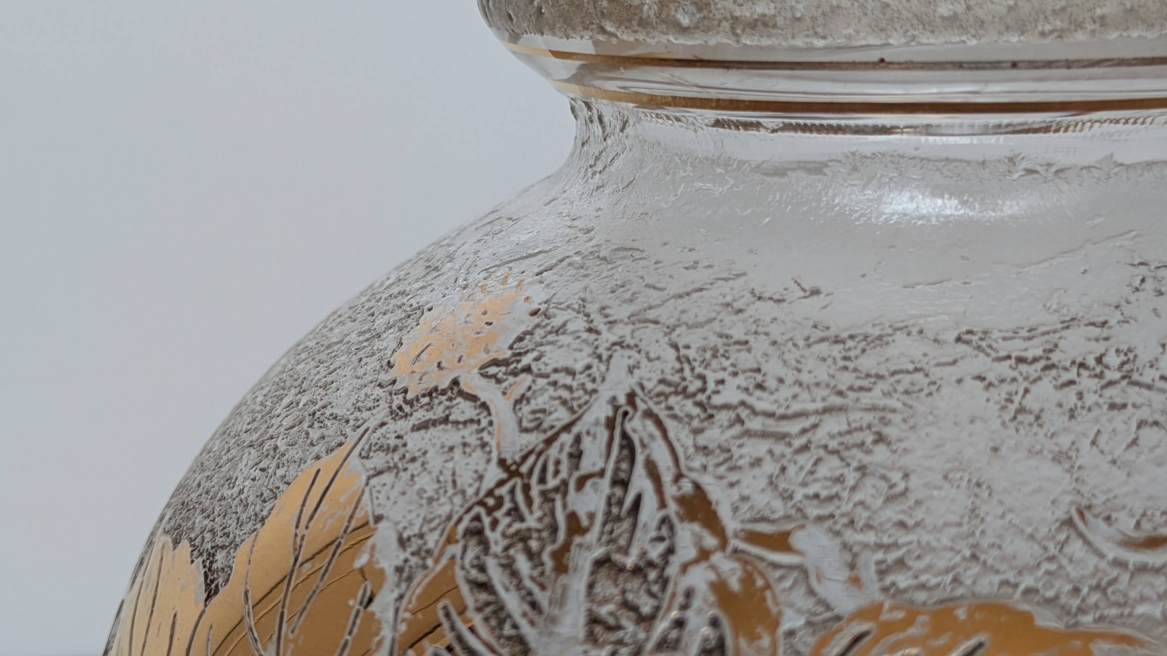 Frosted Glass Ball Vase with Golden Botanical Decoration — Signed Adat — Circa 1950