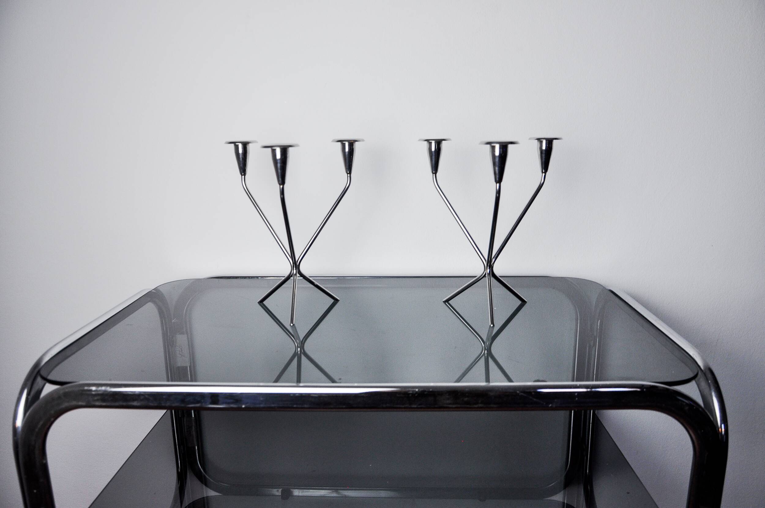 Pair of art deco stainless steel 3-flame candlesticks, Spain, 1970
