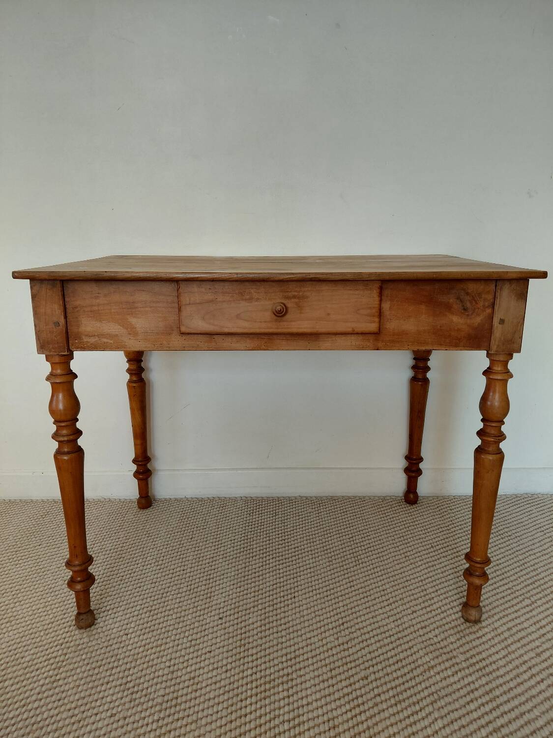 Old solid wood console - turned legs - drawer in chic country style