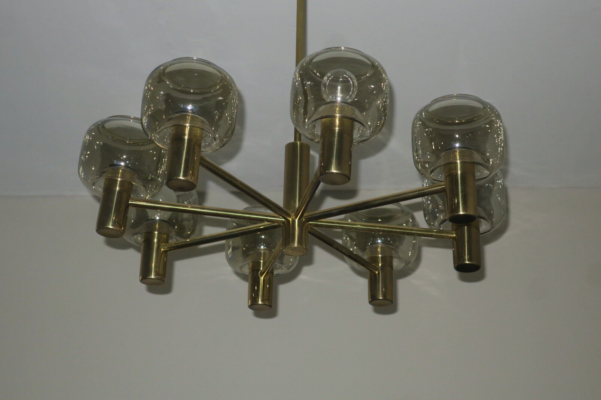 Mid-century 8-arm brass & glass chandelier
