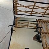 Designer coat rack in rattan and metal with 5 hooks and mirror - Raoul Guys style