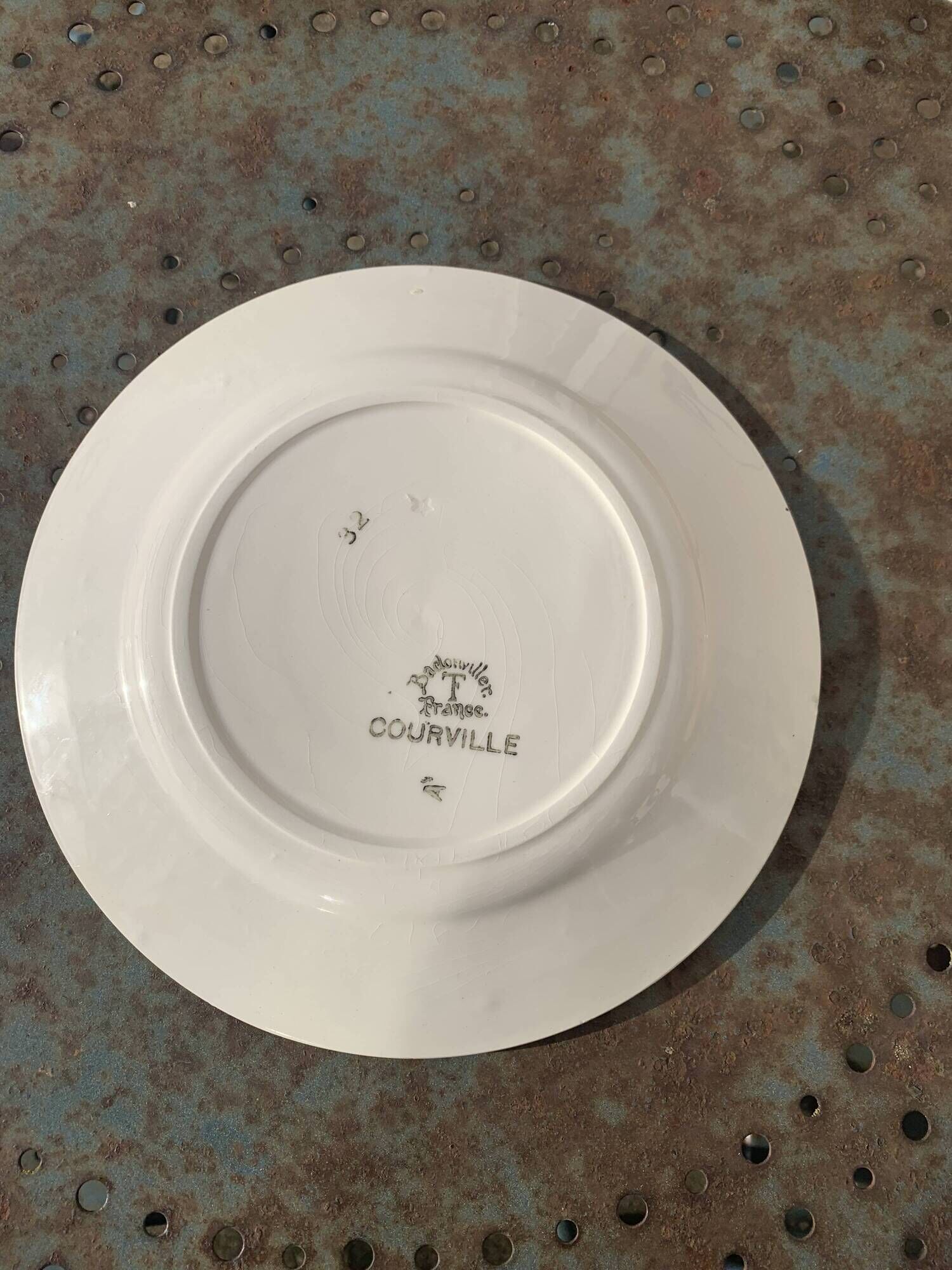 9 small plates, Courville model, Badonviller, made in France, blue geometric patterns