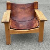 Safari chair in pine and leather, first edition attributed to Karin Mobring, 1970s