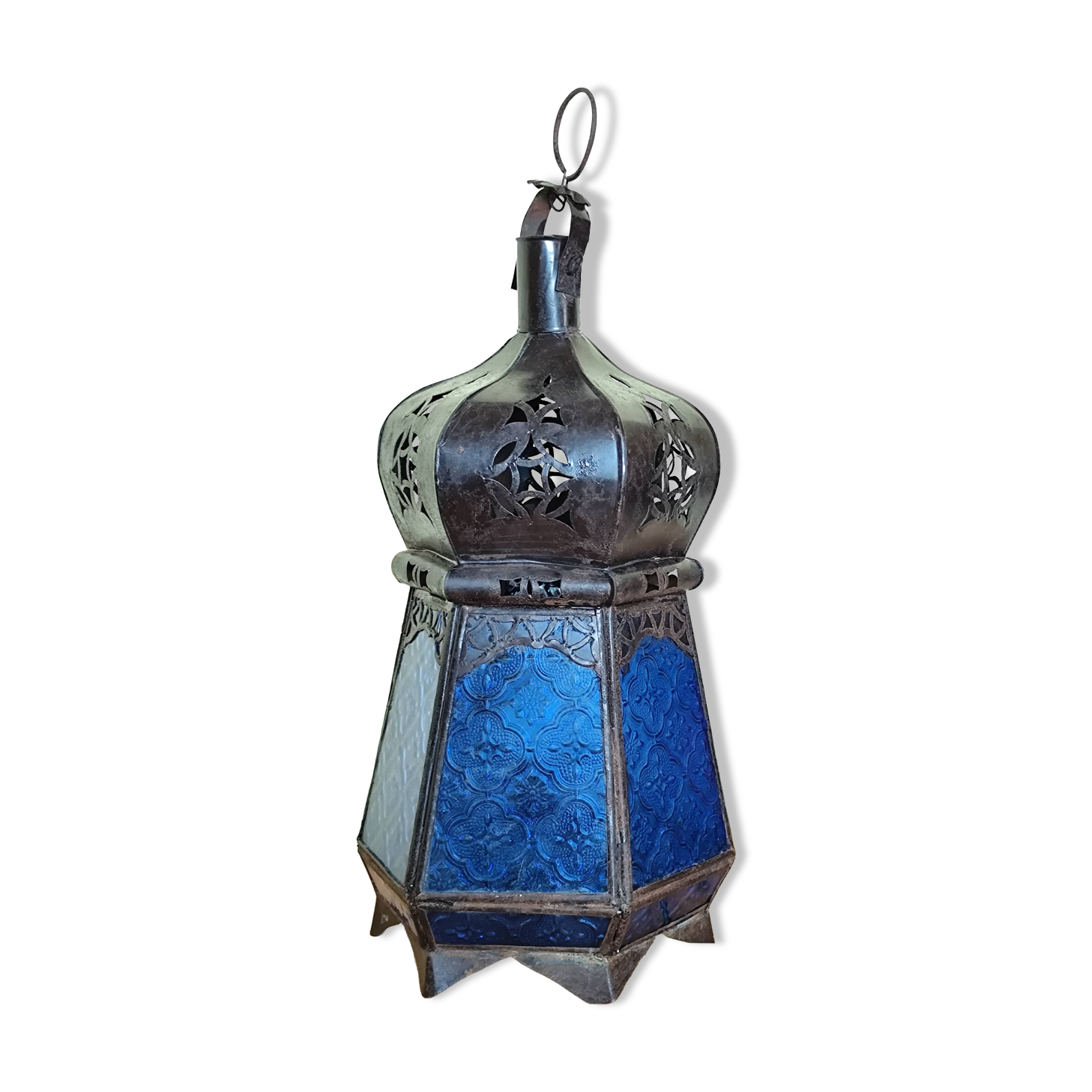 Blue hexagonal Moroccan lantern table lamp