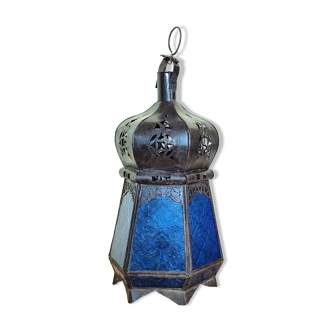 Blue hexagonal Moroccan lantern table lamp