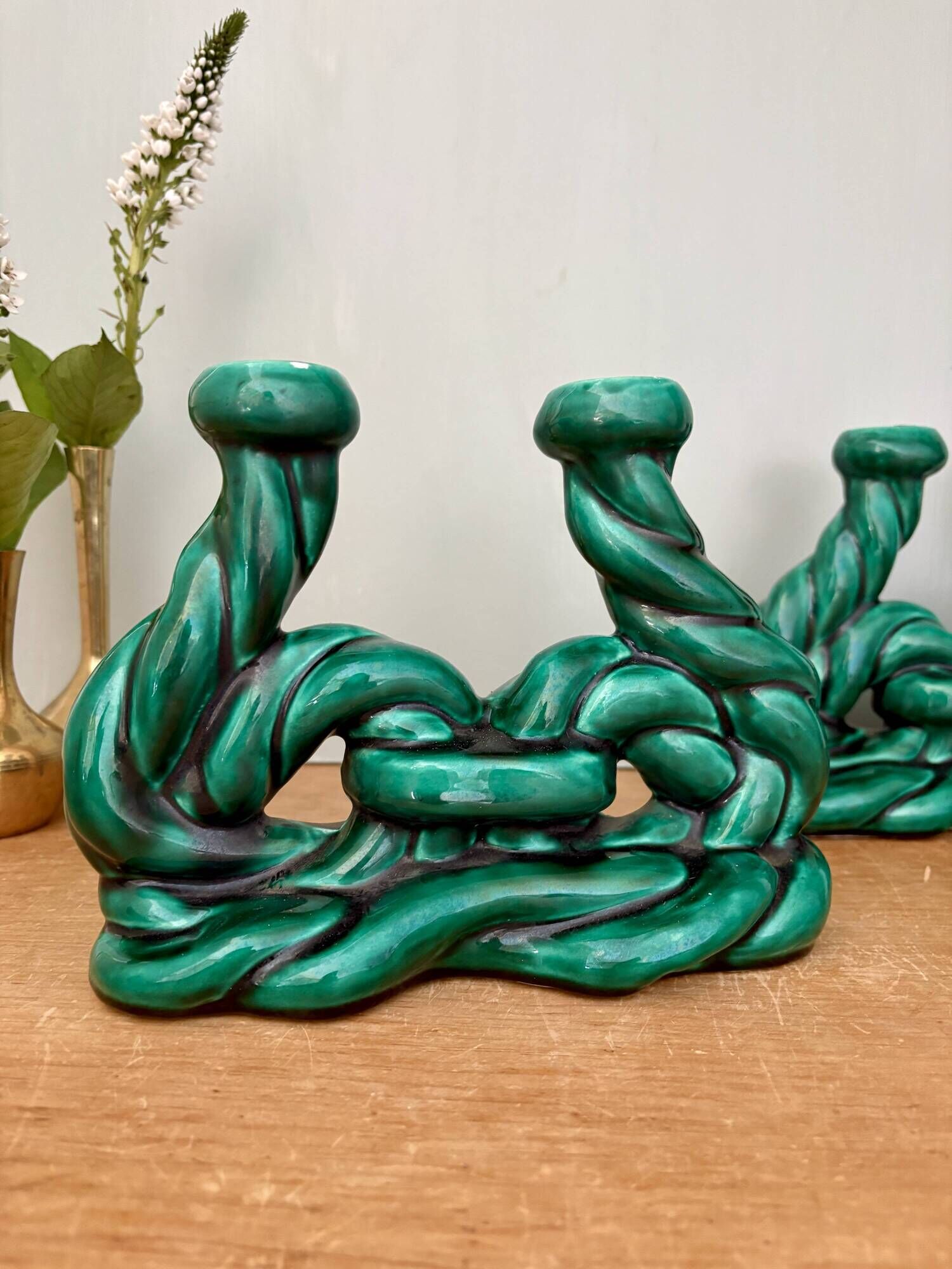 Pair of vintage green ceramic candlesticks signed Hubert Pernin, Vallauris.