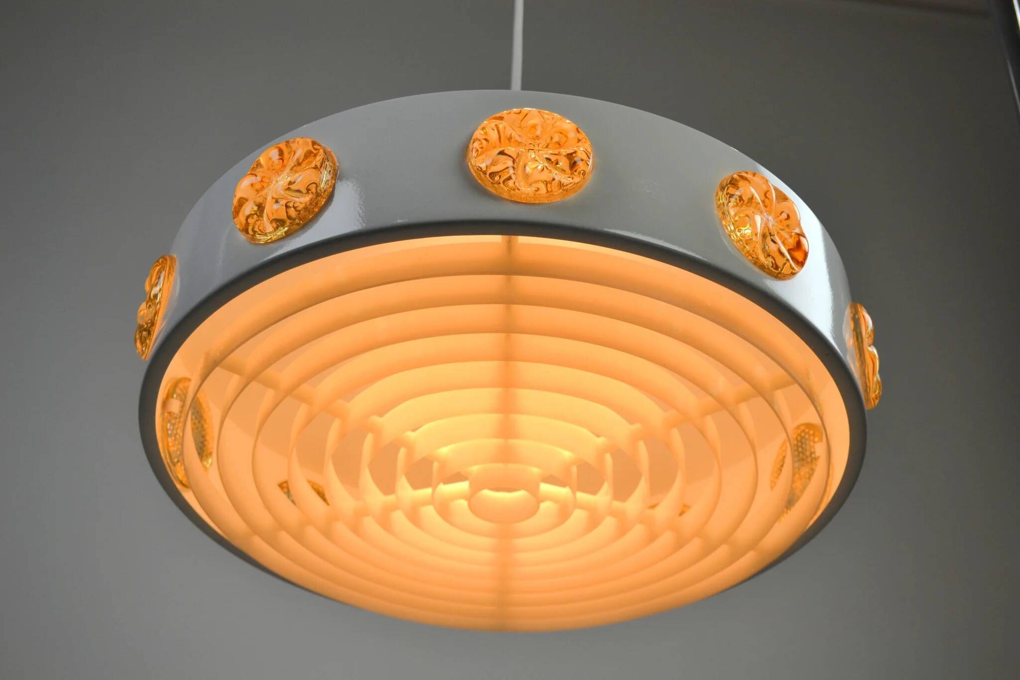 Pendant Lamp with Amber Glass Medallion Inserts — Vitrika, Denmark, 1960s