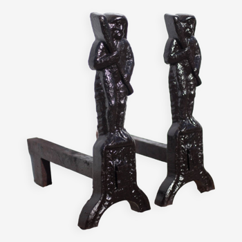 Pair of vintage XXL andirons, old andirons, Haute Epoque, renaissance, fireplace accessory