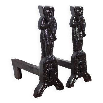 Pair of vintage XXL andirons, old andirons, Haute Epoque, renaissance, fireplace accessory