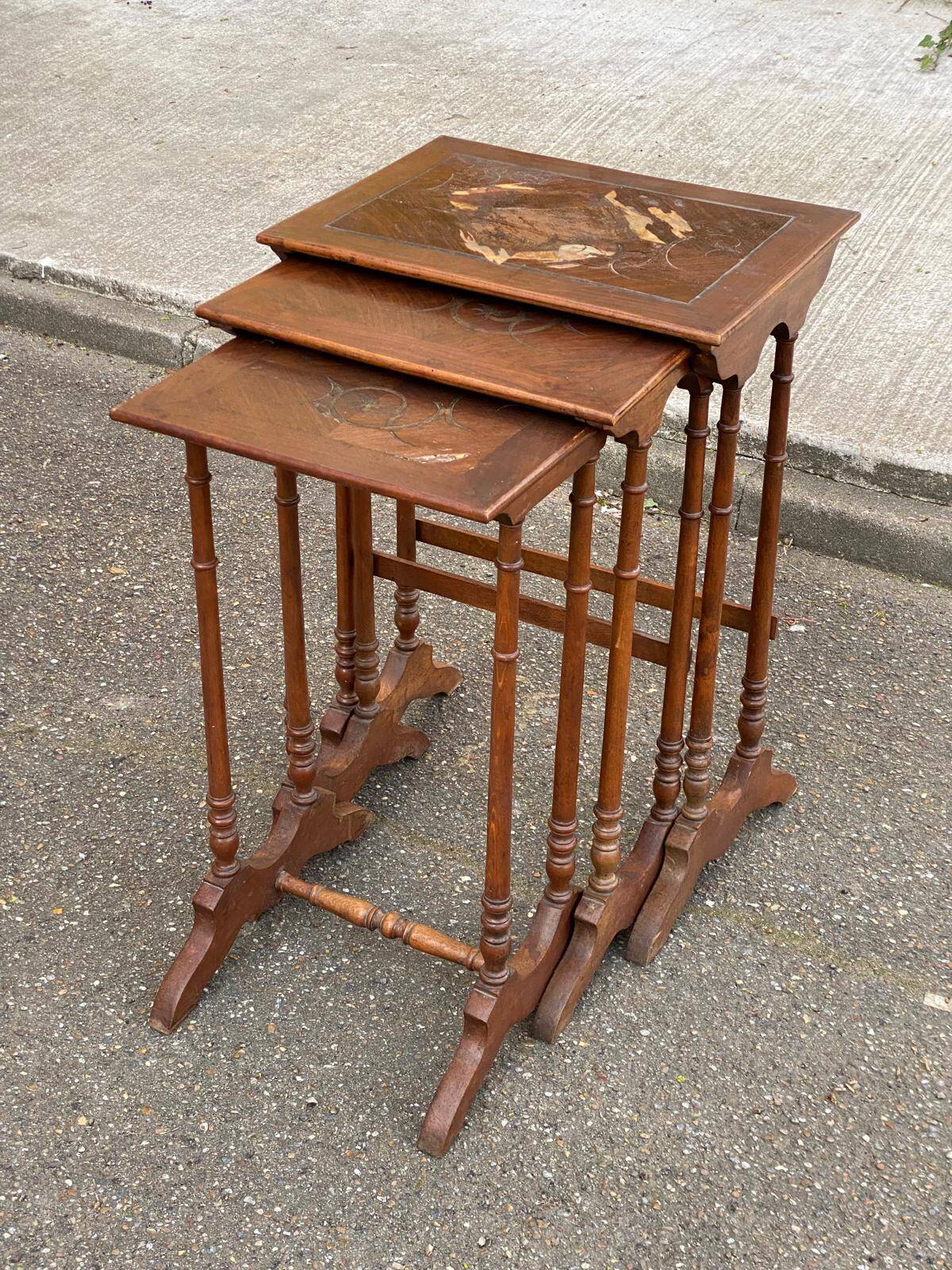 3 nesting tables in Art Nouveau style, made of solid wood and marquetry from the 19th century.