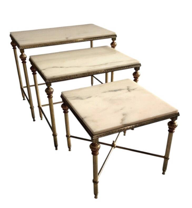 3 brass and marble nesting tables 1950