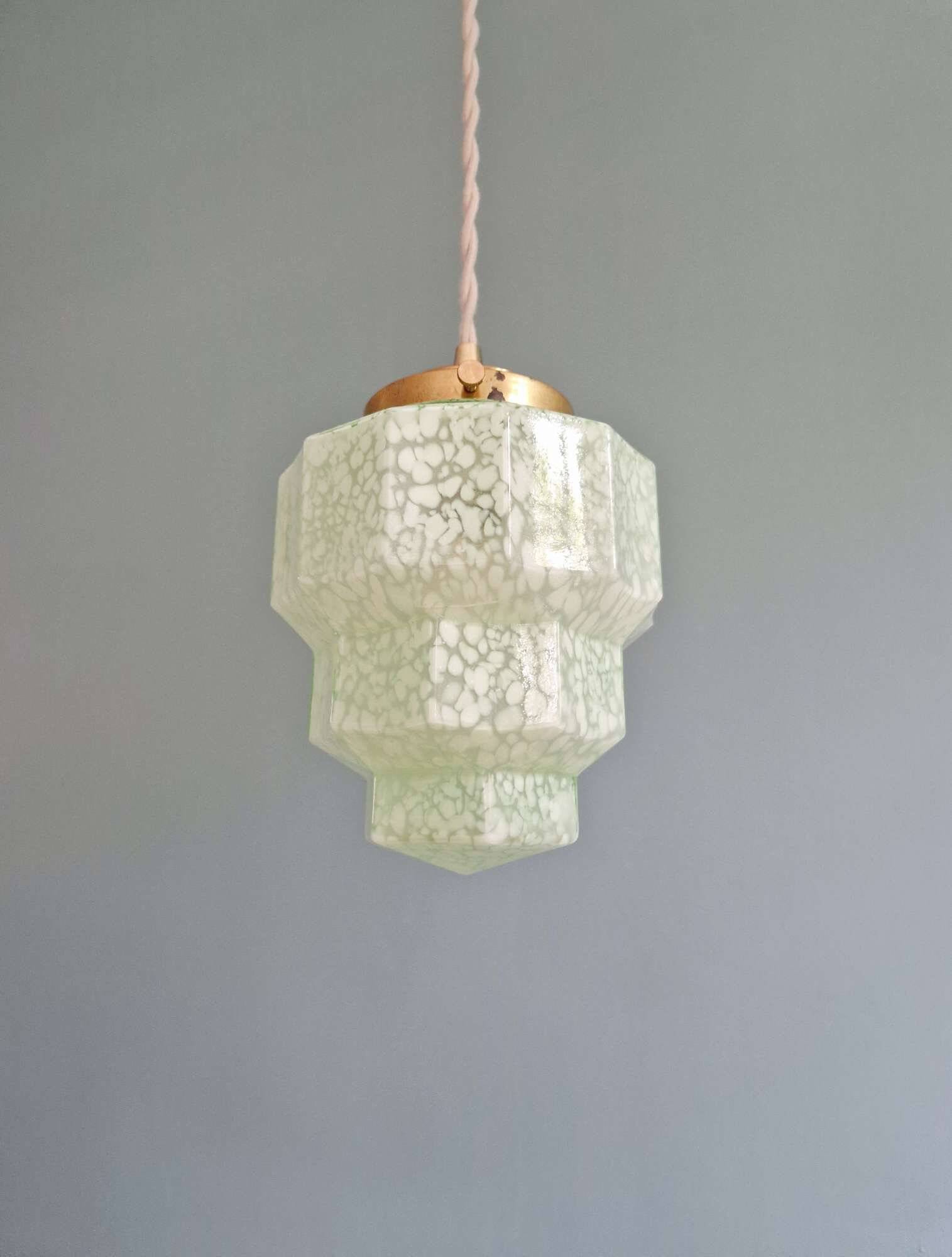 Art Deco skyscraper pendant light in speckled glass, 1920s-30s