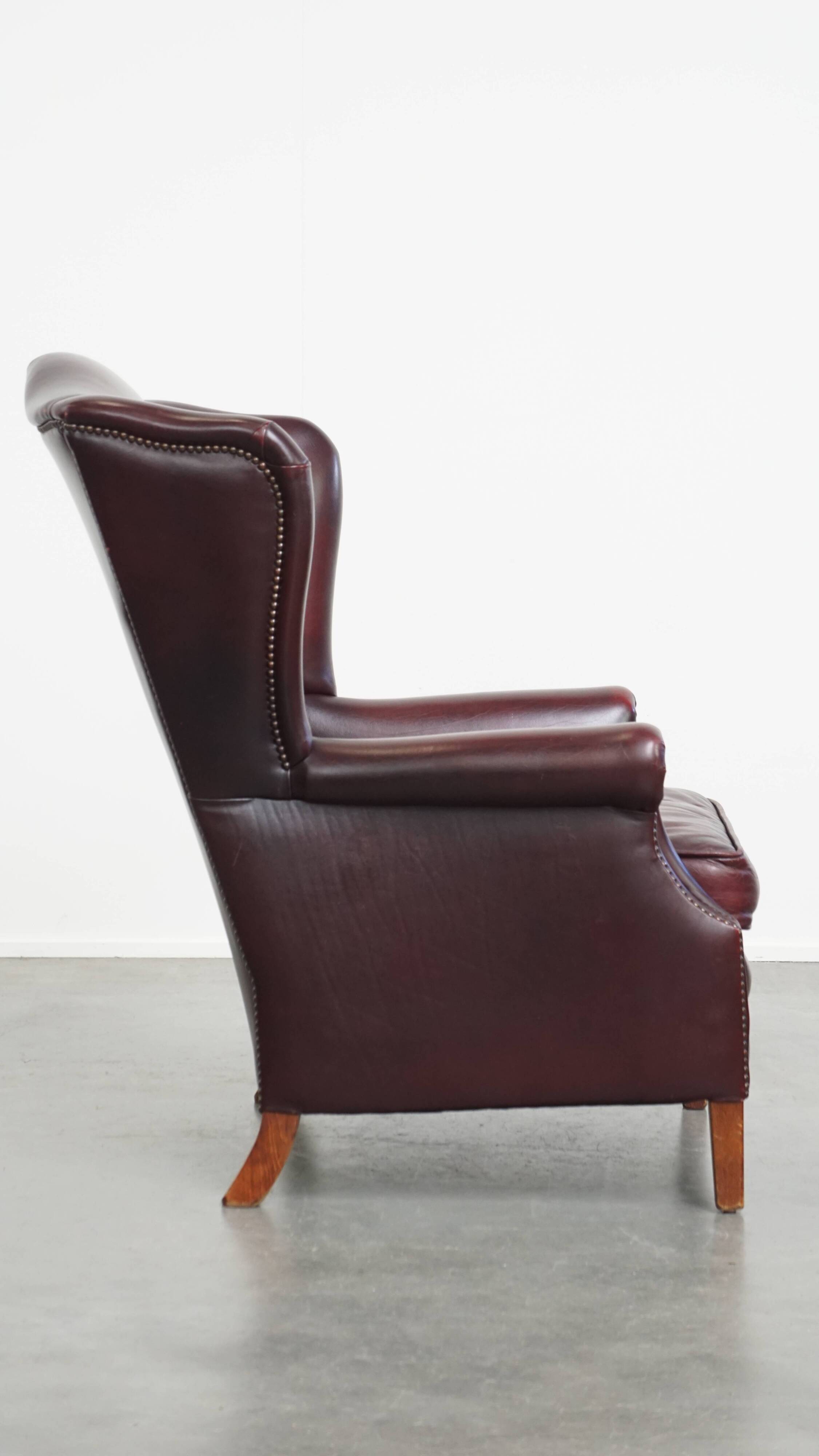 Bordeaux Red Cowhide Leather Wingback Chair in English Style