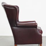 Bordeaux Red Cowhide Leather Wingback Chair in English Style