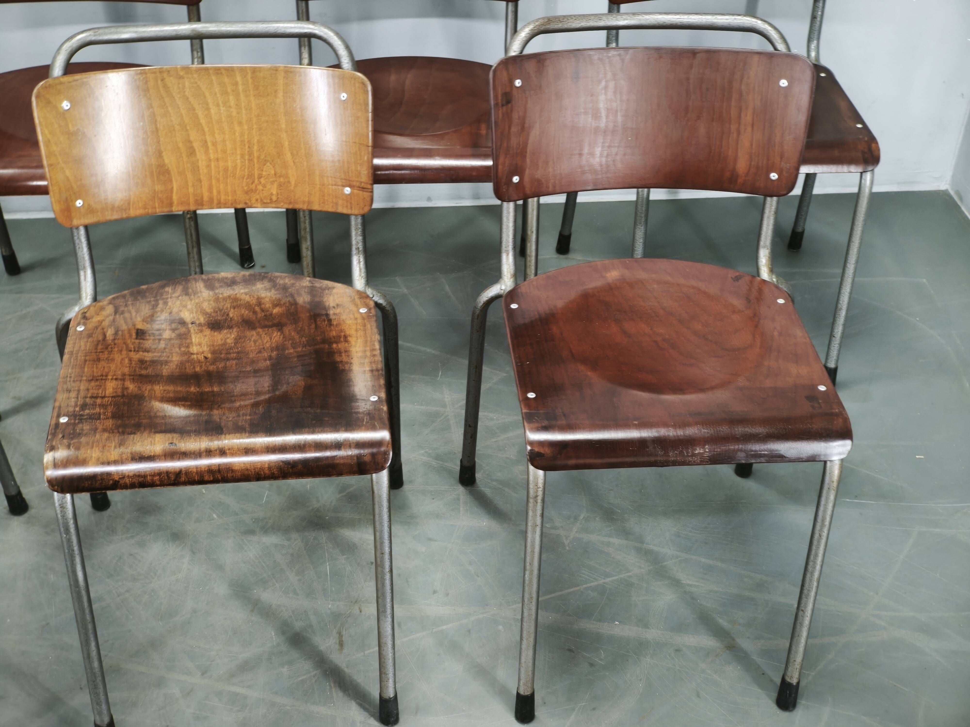 Set of 6 Gispen 106 Dutch Industrial Plywood Chairs, 1960s