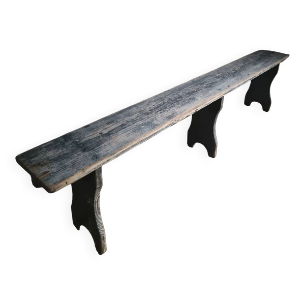Banc français vintage en pin avec patine bleu-gris foncé