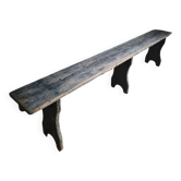 Vintage French pine bench with a dark blue-grey patina.