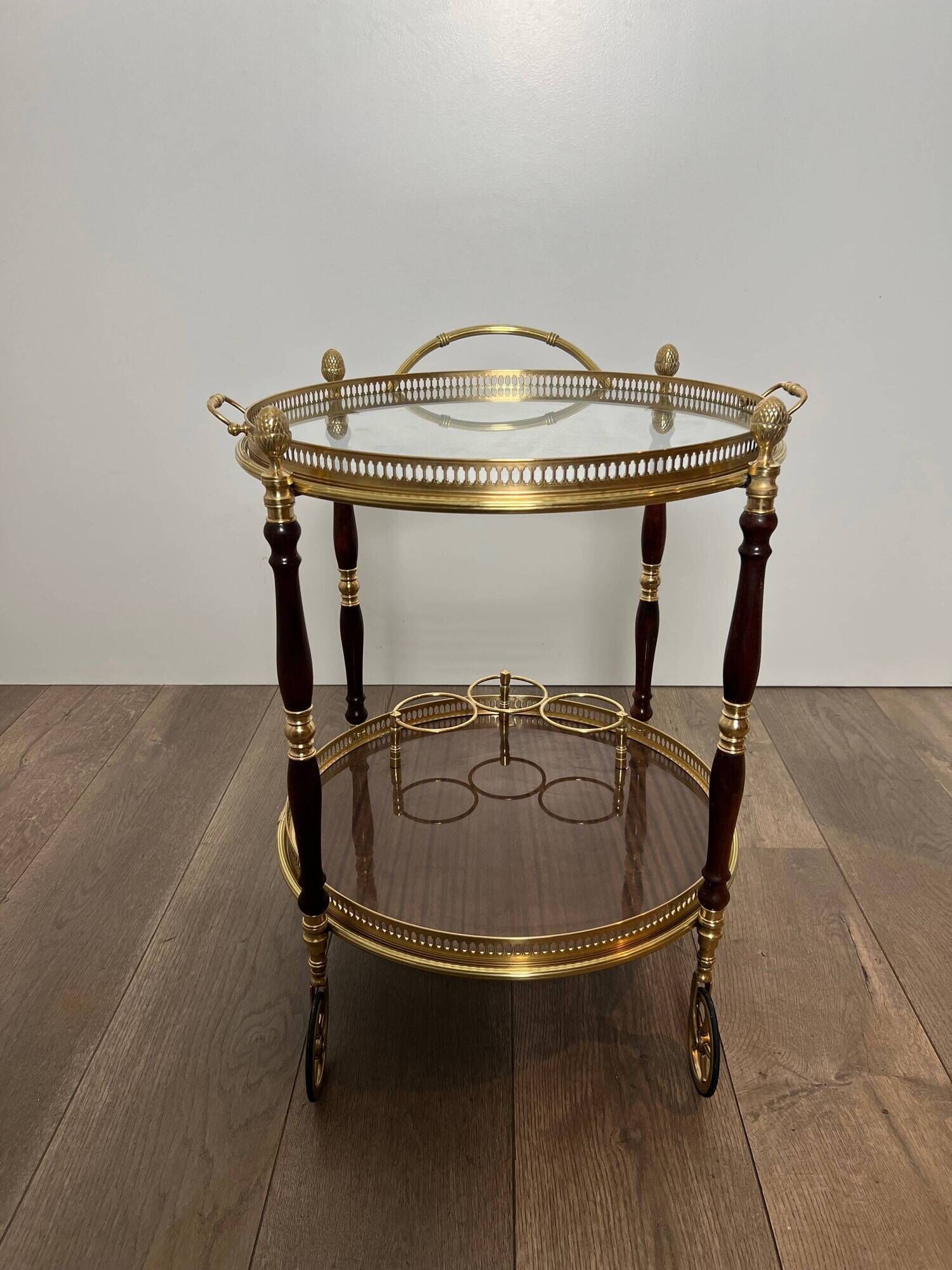 Oval Rolling Table in Brass and Mahogany with Openwork Gallery and Bottle Holder