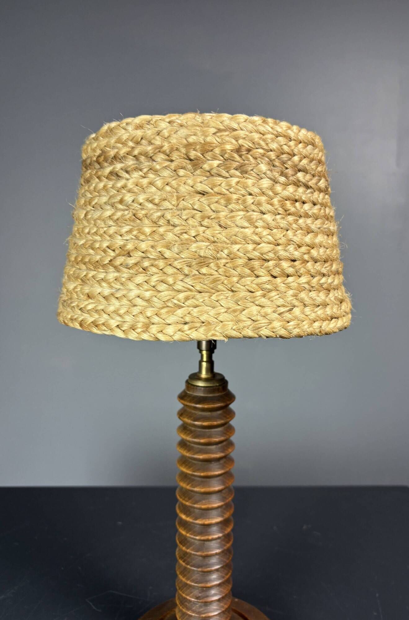 Midcentury French brutalist wood turned table lamp, Charles Dudouyt style