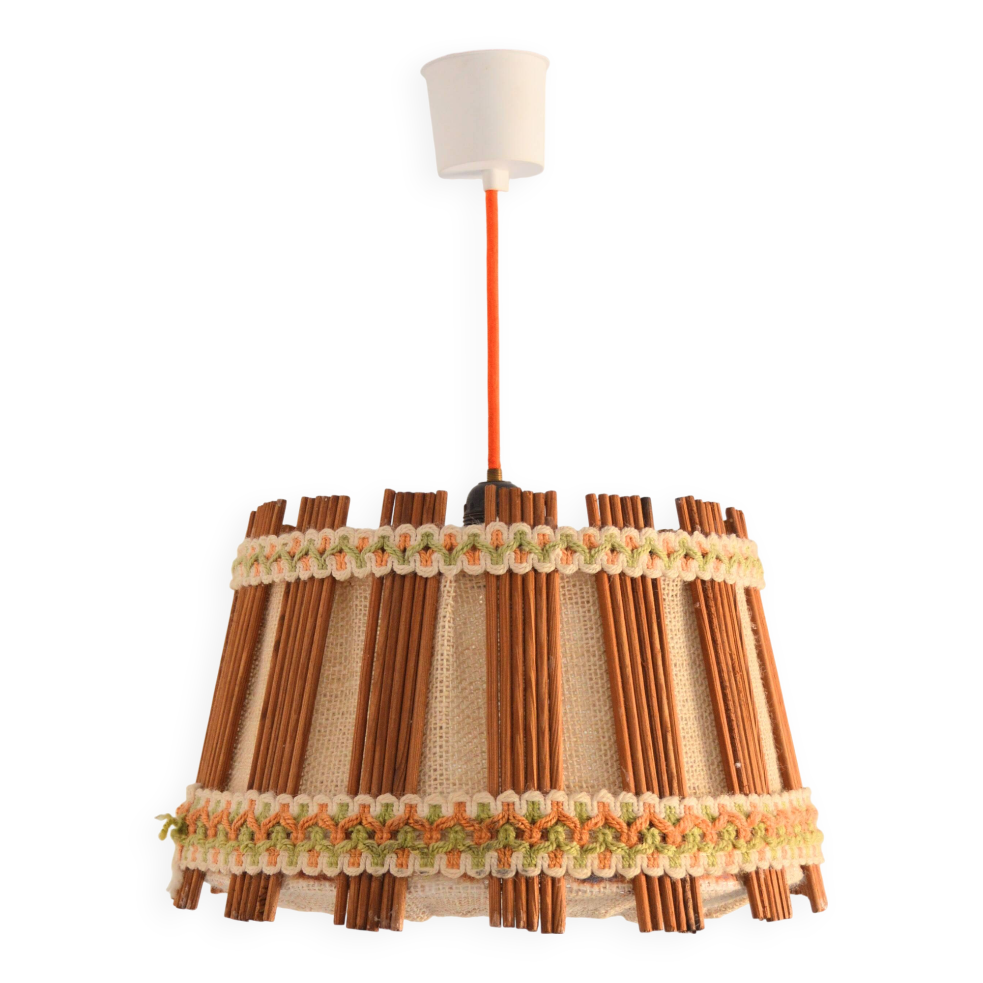Vintage 1970s burlap and wood pendant light