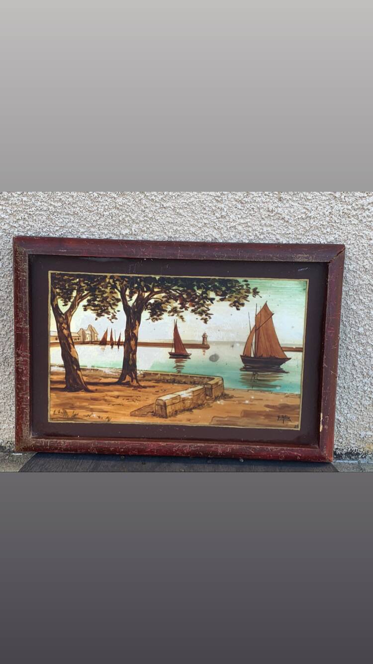 Marine painting, fixed on glass, signed P. Alix, art deco, old