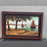 Marine painting, fixed on glass, signed P. Alix, art deco, old