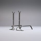 Pair of modernist brushed steel andirons, 1970s