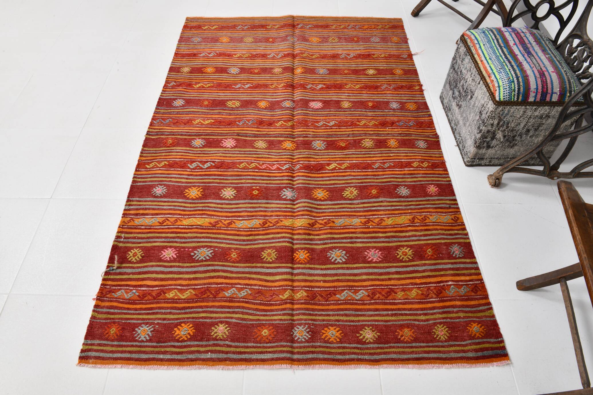 4x7 Red Orange Striped Handmade Wool Kilim Rug