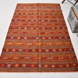 4x7 Red Orange Striped Handmade Wool Kilim Rug