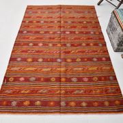 4x7 Red Orange Striped Handmade Wool Kilim Rug
