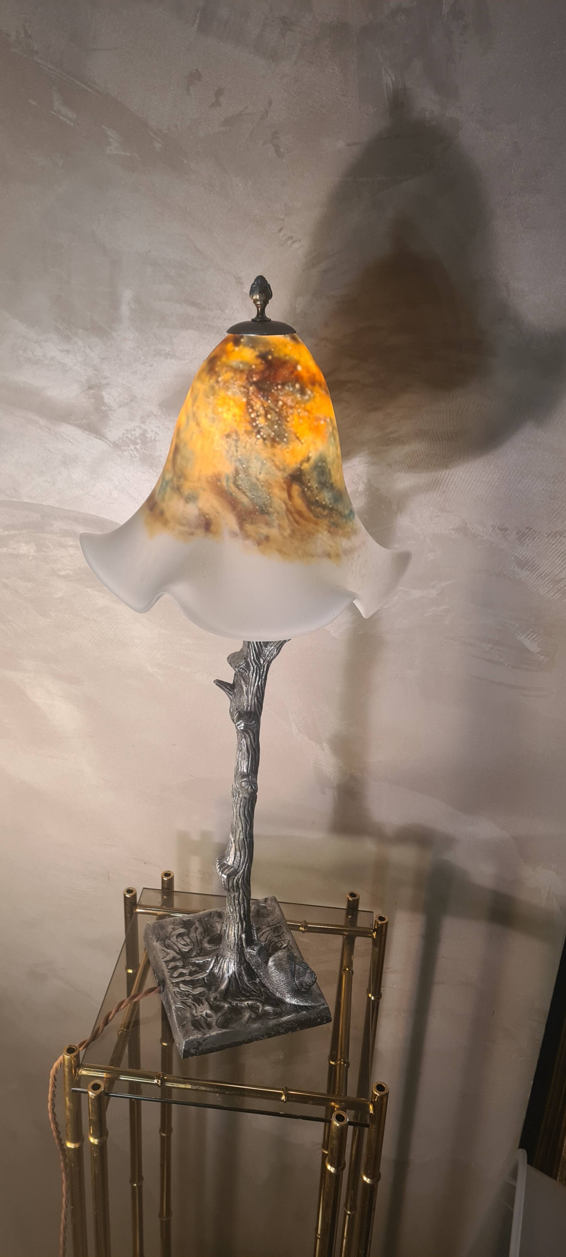 large American art deco steel patina lamp, 64x24 tulip signed max elec ok set to French standard