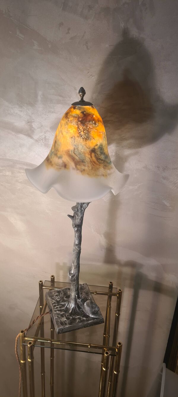 grande lampe americaine art deco  acier patiner ,64x24 tulipe signé  max elec ok mis au norme frança
