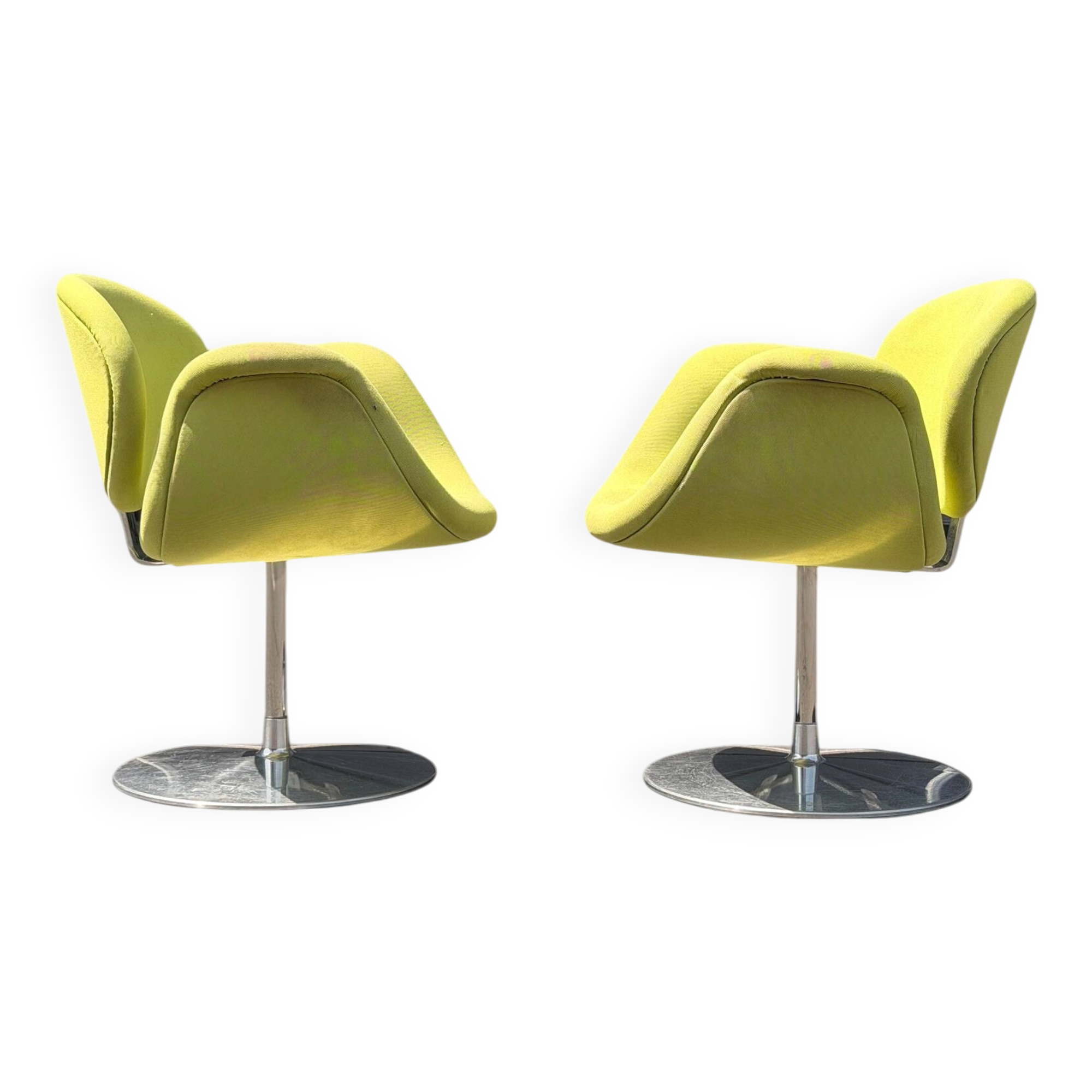 Pair of Little Tulip armchairs by Pierre Paulin for Artifort in green fabric.