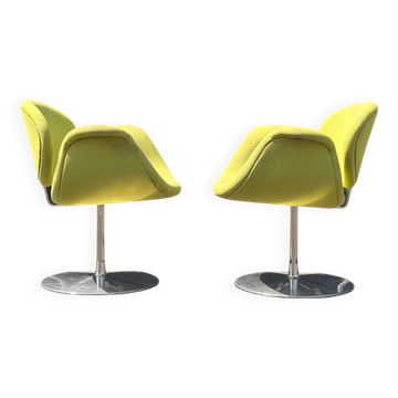 Pair of Little Tulip armchairs by Pierre Paulin for Artifort in green fabric.