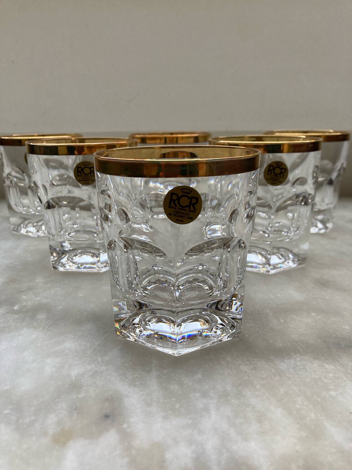 Set of 6 RCR lead crystal whisky glasses, 24% ABV, Italy