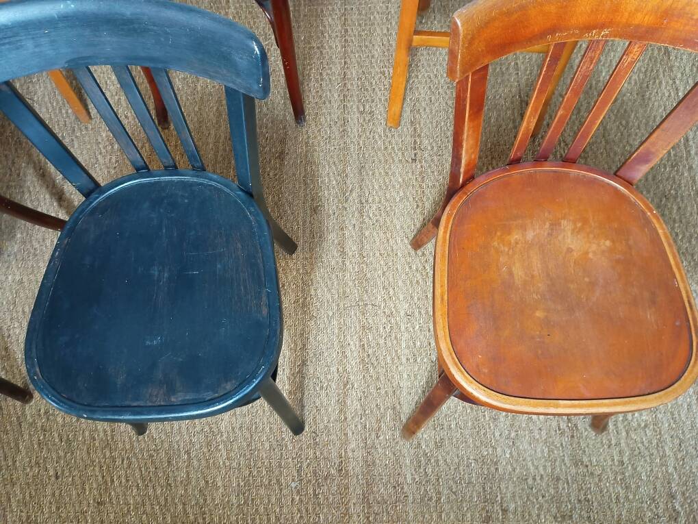 Set of 8 mismatched vintage bistro chairs