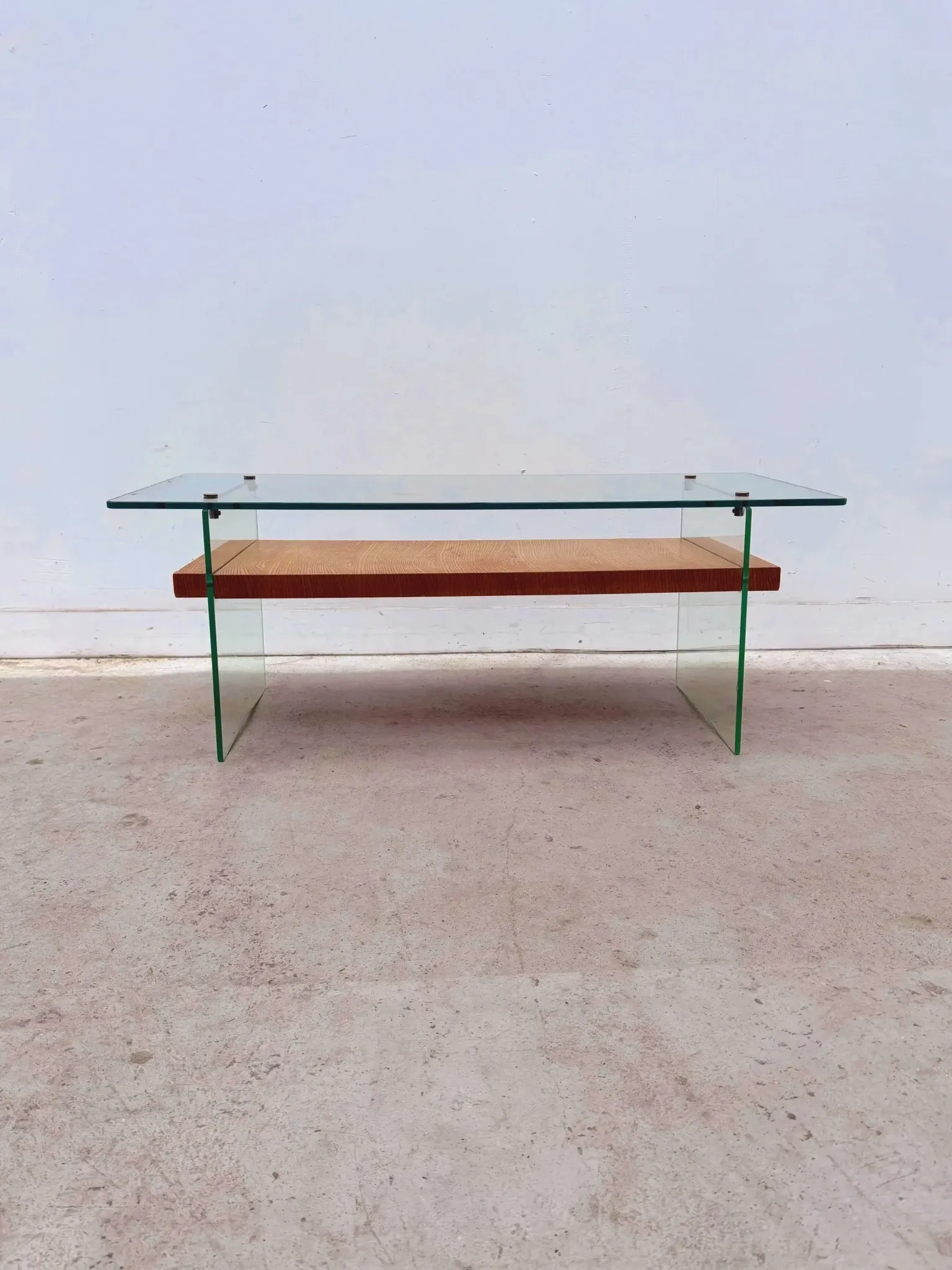 Coffee table by Robert Debiève in ash veneer, glass and brass, France 1950.