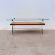 Coffee table by Robert Debiève in ash veneer, glass and brass, France 1950.
