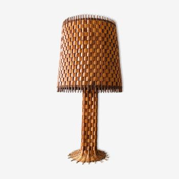 Lampe à poser vintage en rotin et placage de bois tissé