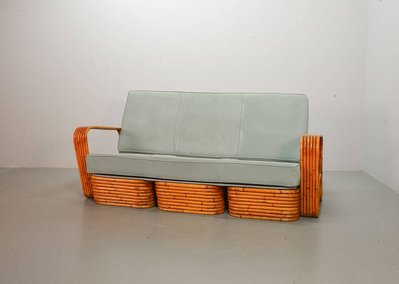 Exclusive Six Strand Rectangular Rattan 3-Seat Sofa after Paul Frankl, 50s